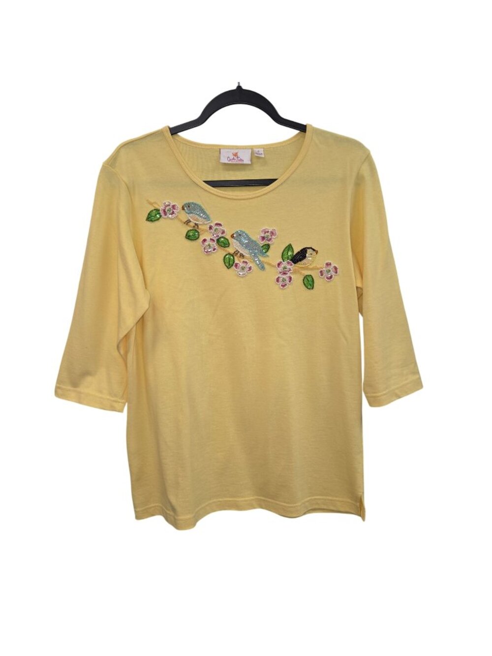 Quacker Factory Yellow 3/4 Sleeve Top Sequin Bird Floral Embellishments 4583